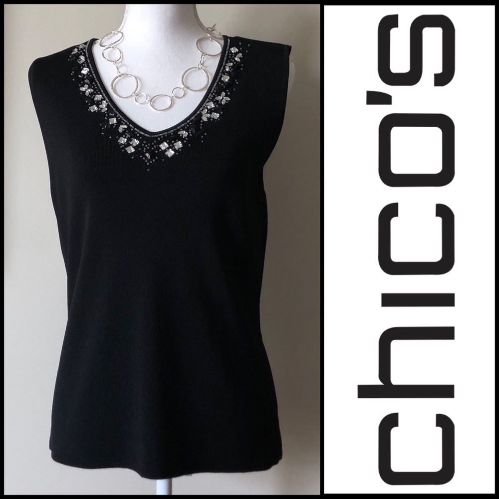 CHICOS EMBELLISHED V-NECK BLACK KNIT TANK